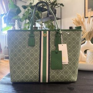 Tory Burch Green Monogram Tote with Stripe